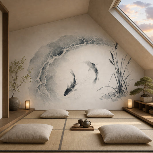 Japon Balıklı Poster Duvar Kağıdı Bej Gri Sulu Boya Salon