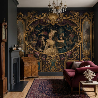 Maskeli Balo Sahnesi Poster Duvar Kağıdı Lacivert Altın Salon