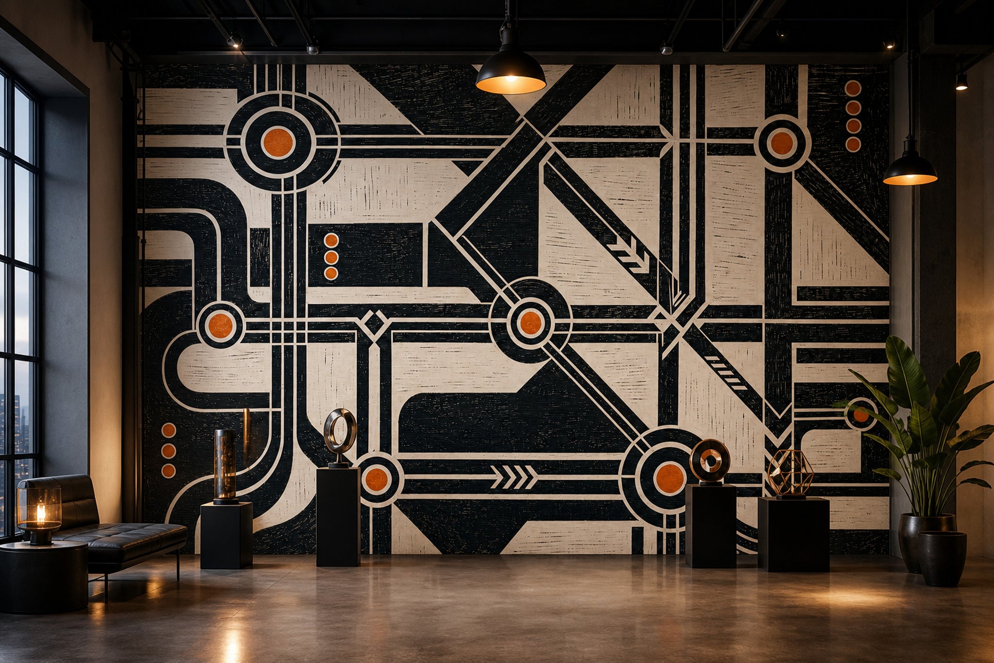Soyut Geometrik Poster Duvar Kağıdı Siyah Krem Salon Dekoru
