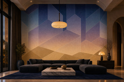 Geometrik Dağ Manzaralı Poster Duvar Kağıdı Lacivert Bej Yatak Odası