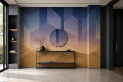 Geometrik Dağ Manzaralı Poster Duvar Kağıdı Lacivert Bej Yatak Odası