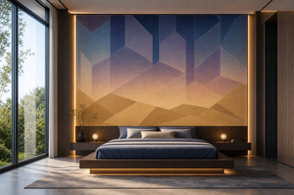 Geometrik Dağ Manzaralı Poster Duvar Kağıdı Lacivert Bej Yatak Odası