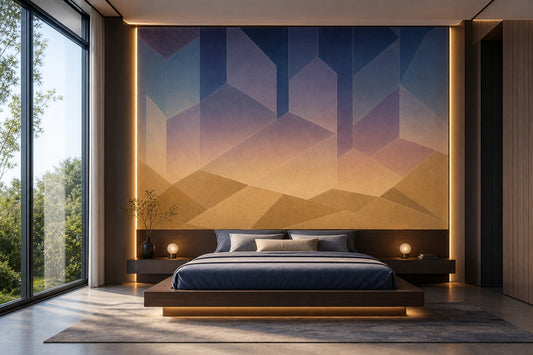 Geometrik Dağ Manzaralı Poster Duvar Kağıdı Lacivert Bej Yatak Odası
