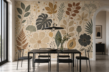 Terrazzo Botanik Poster Duvar Kağıdı Bej Yeşil Yaprak Desenli
