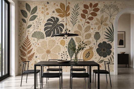 Terrazzo Botanik Poster Duvar Kağıdı Bej Yeşil Yaprak Desenli
