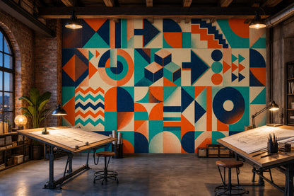 Geometrik Soyut Poster Duvar Kağıdı Turkuaz Turuncu Salon Dekoru