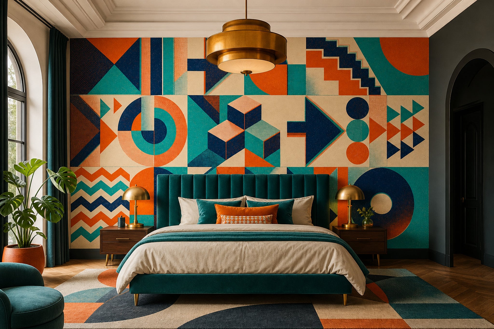 Geometrik Soyut Poster Duvar Kağıdı Turkuaz Turuncu Salon Dekoru