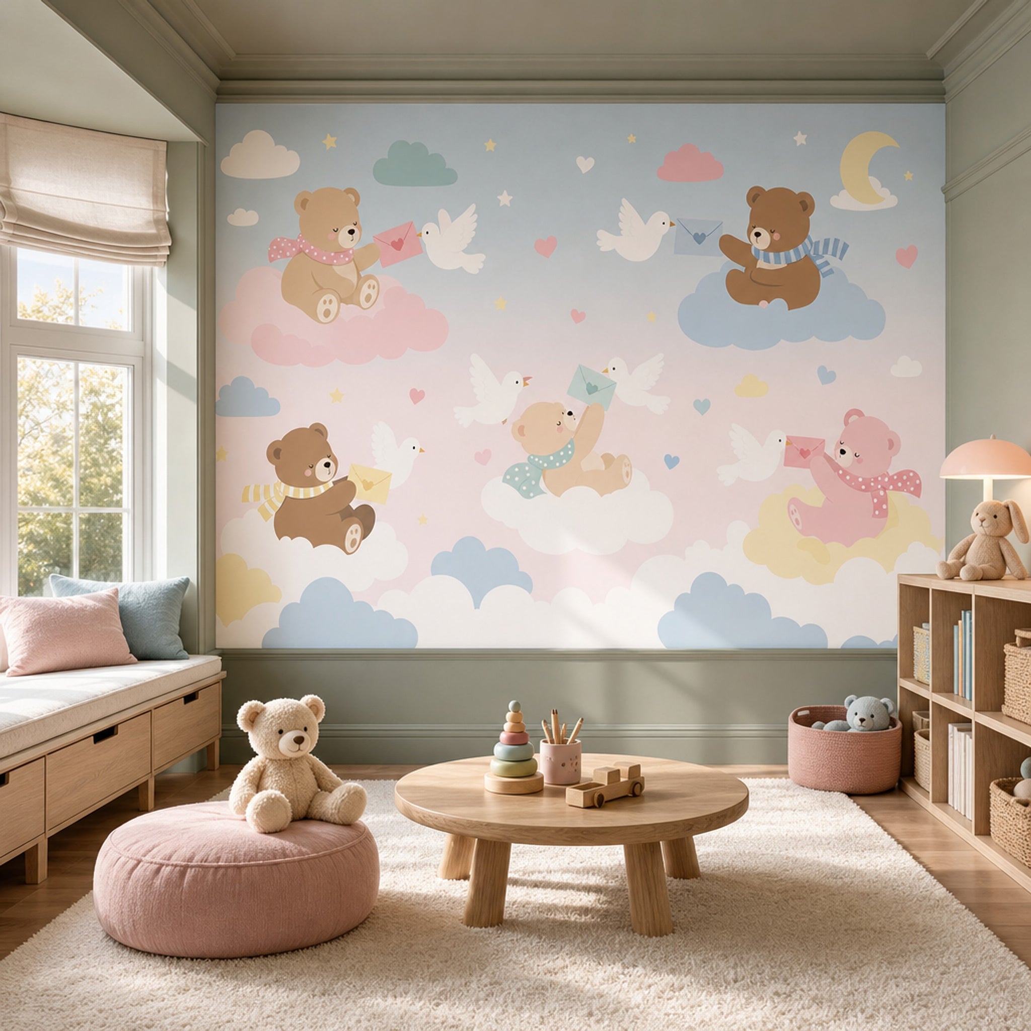 Bulutlarda Ayıcık Poster Duvar Kağıdı Pastel Çocuk Odası