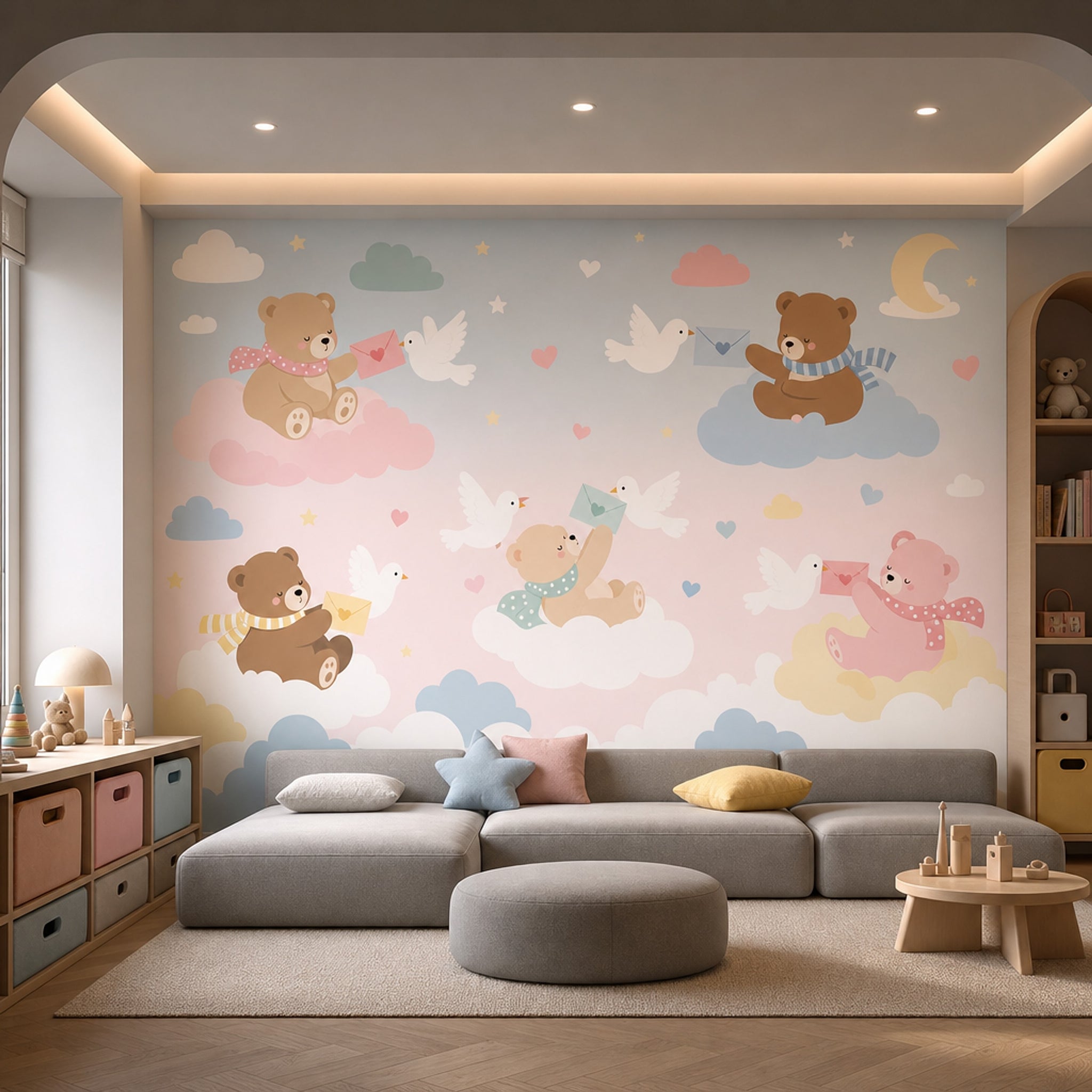 Bulutlarda Ayıcık Poster Duvar Kağıdı Pastel Çocuk Odası