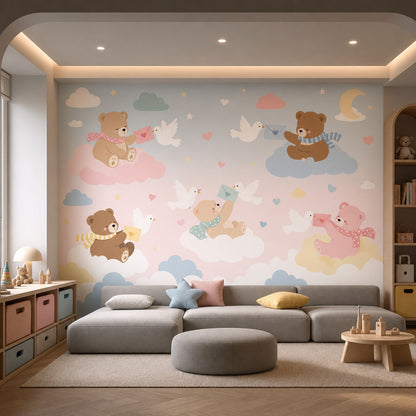 Bulutlarda Ayıcık Poster Duvar Kağıdı Pastel Çocuk Odası
