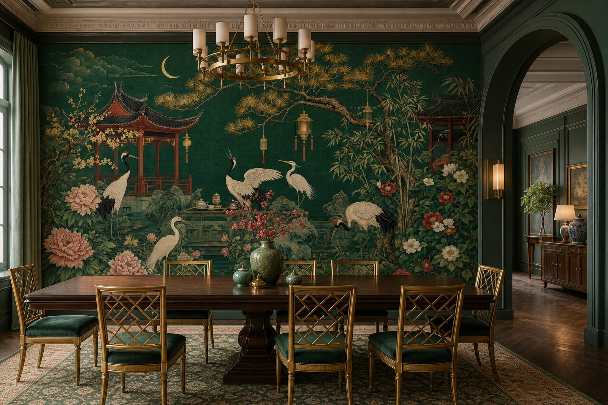 Japon Bahçesi Poster Duvar Kağıdı Zümrüt Yeşil Salon Dekoru