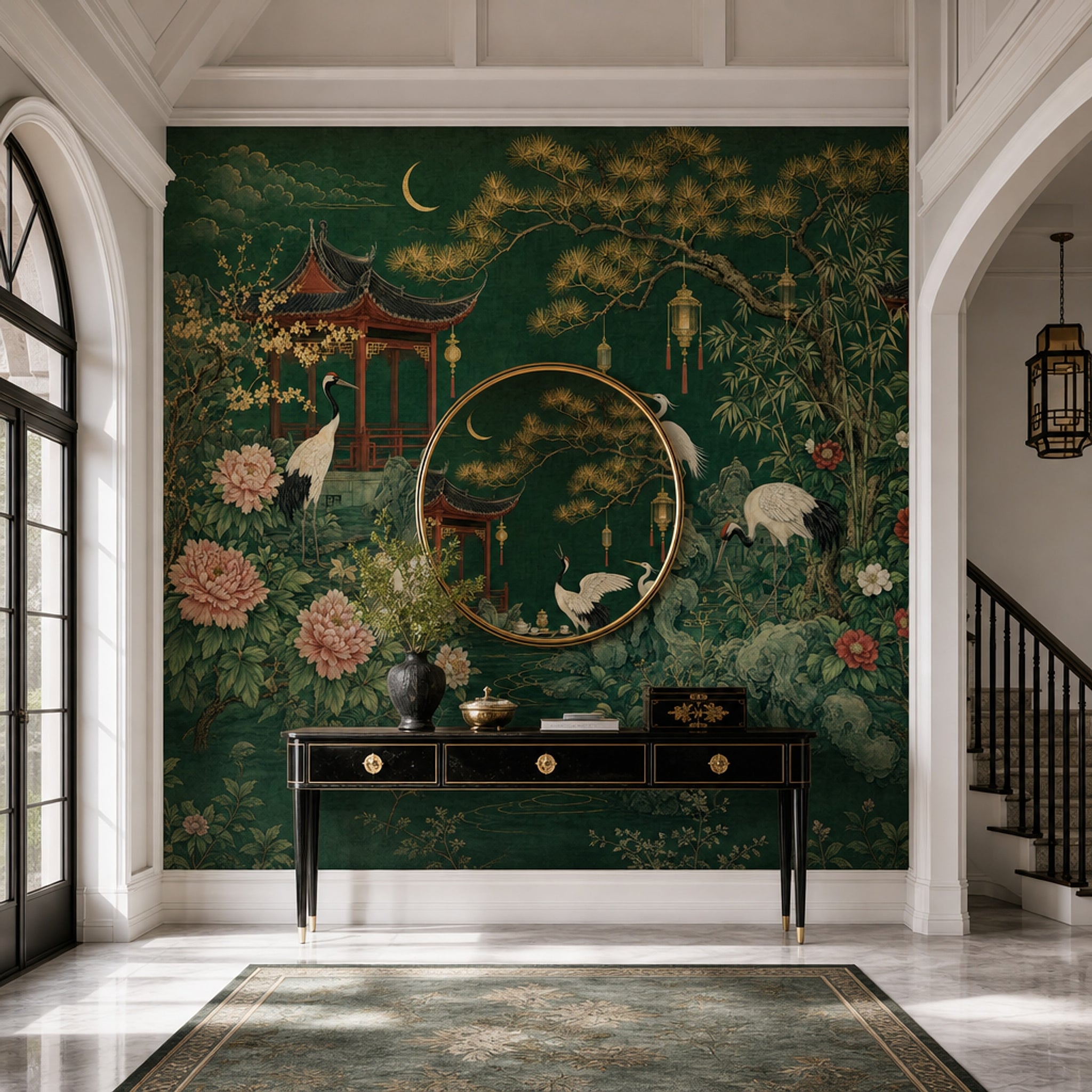 Japon Bahçesi Poster Duvar Kağıdı Zümrüt Yeşil Salon Dekoru