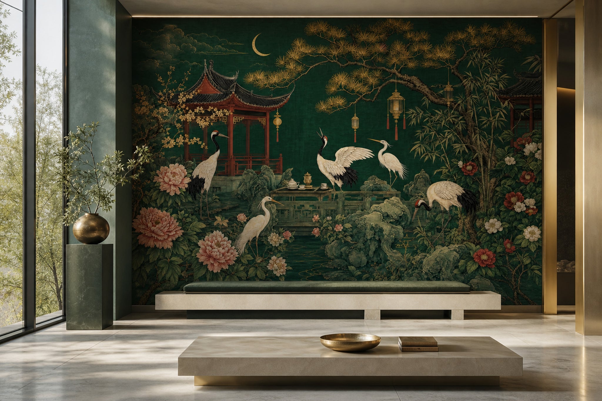 Japon Bahçesi Poster Duvar Kağıdı Zümrüt Yeşil Salon Dekoru