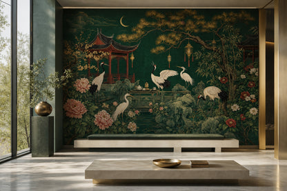Japon Bahçesi Poster Duvar Kağıdı Zümrüt Yeşil Salon Dekoru