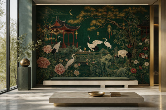Japon Bahçesi Poster Duvar Kağıdı Zümrüt Yeşil Salon Dekoru