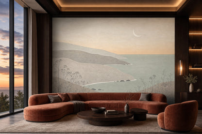 Minimalist Deniz Manzaralı Poster Duvar Kağıdı Bej Salon Dekoru