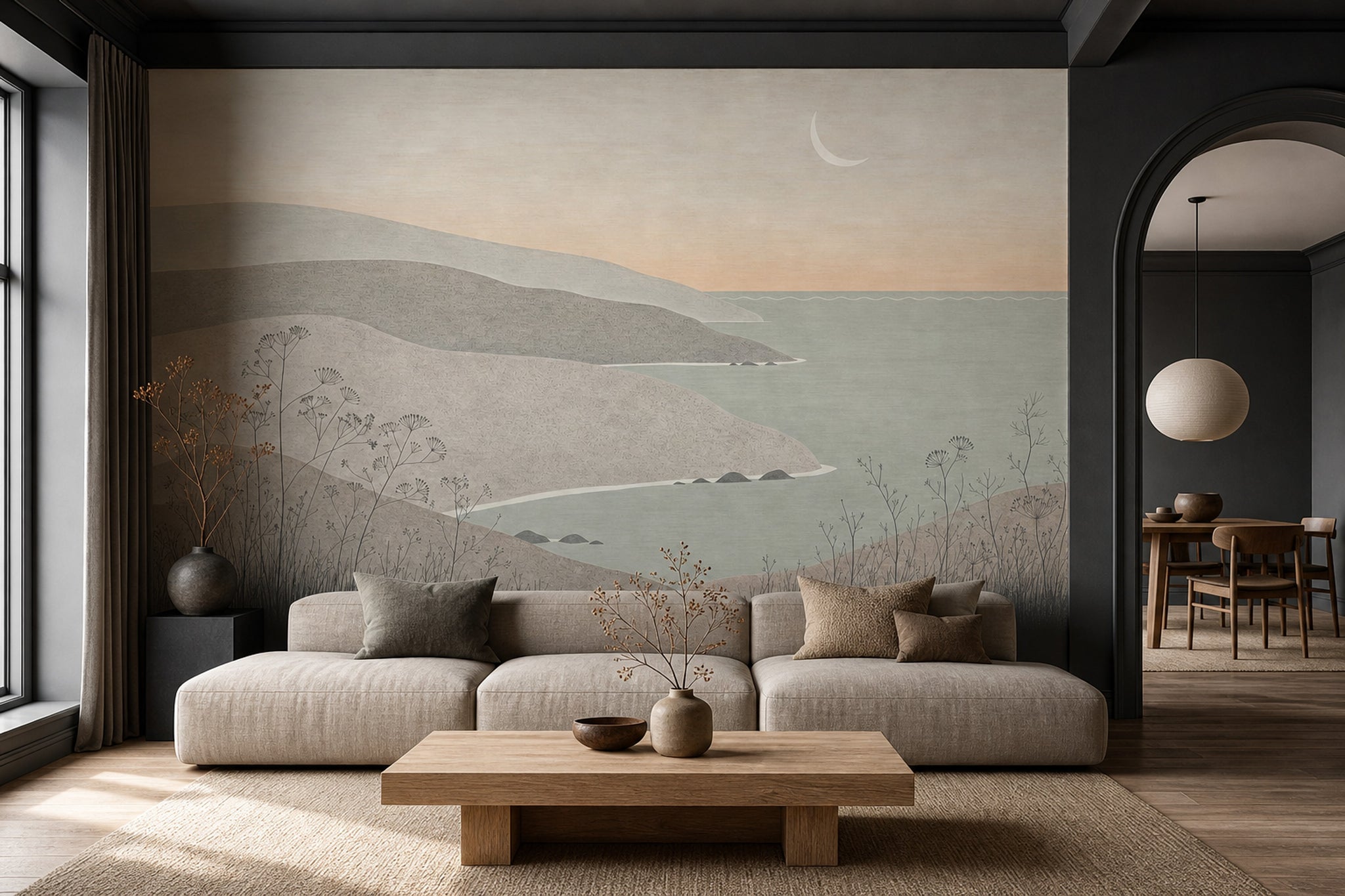 Minimalist Deniz Manzaralı Poster Duvar Kağıdı Bej Salon Dekoru