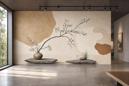 Japon Zen Dal Motifli Poster Duvar Kağıdı Bej Salon