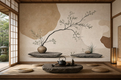Japon Zen Dal Motifli Poster Duvar Kağıdı Bej Salon