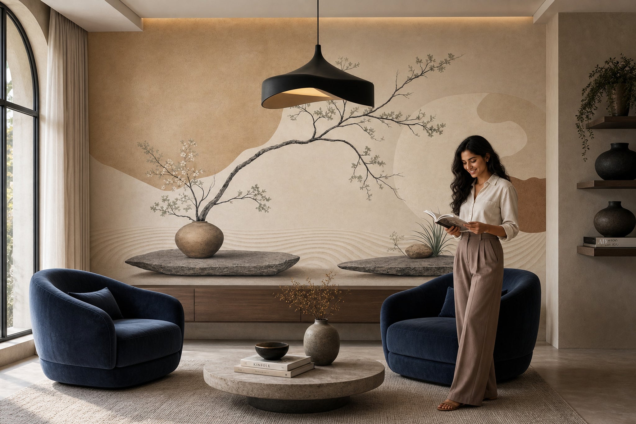 Japon Zen Dal Motifli Poster Duvar Kağıdı Bej Salon