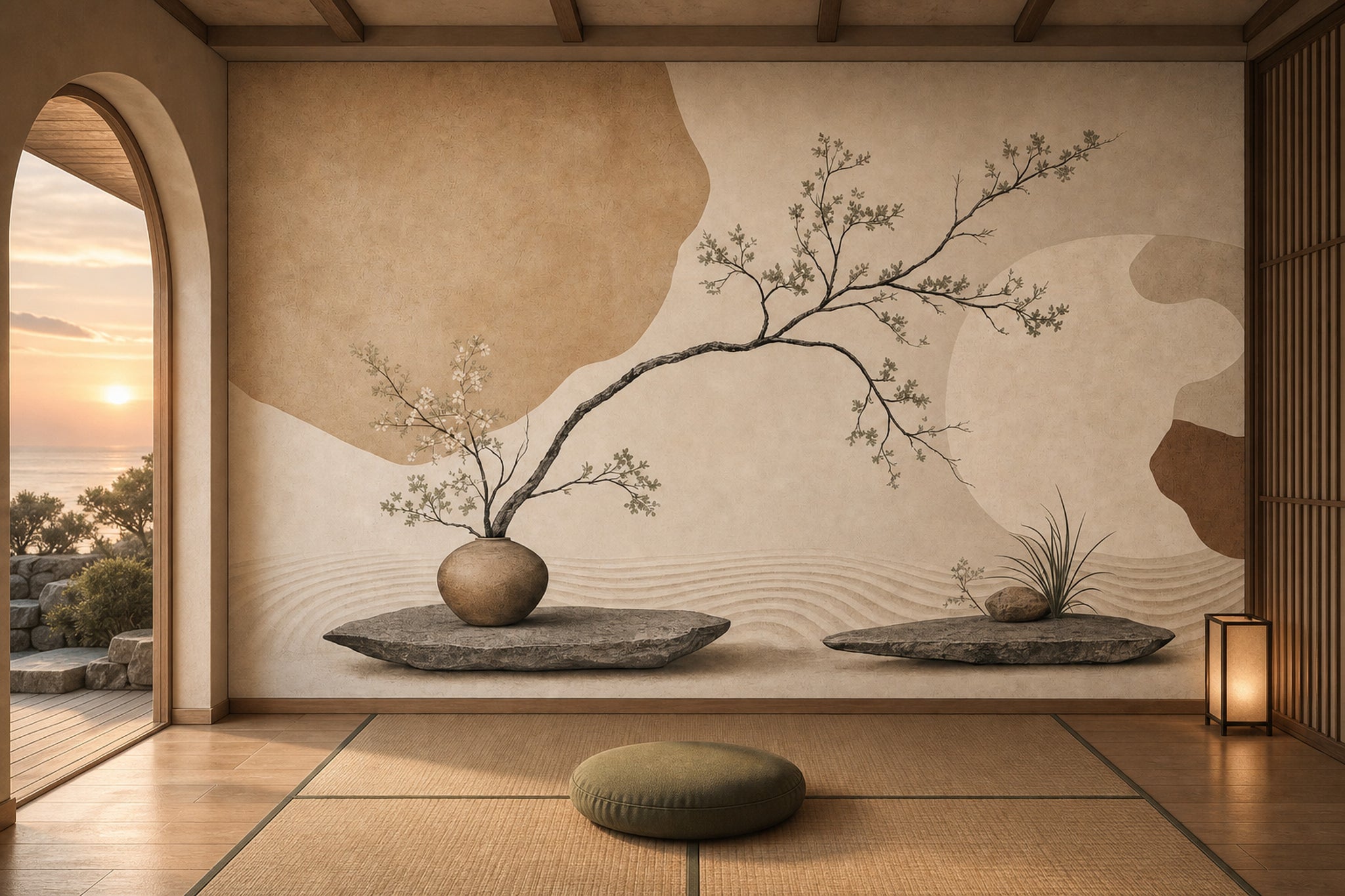 Japon Zen Dal Motifli Poster Duvar Kağıdı Bej Salon
