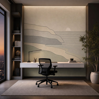 Minimalist Sahil Manzaralı Poster Duvar Kağıdı Bej Yeşil Spa