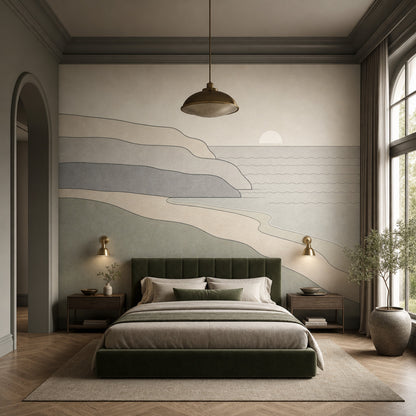 Minimalist Sahil Manzaralı Poster Duvar Kağıdı Bej Yeşil Spa