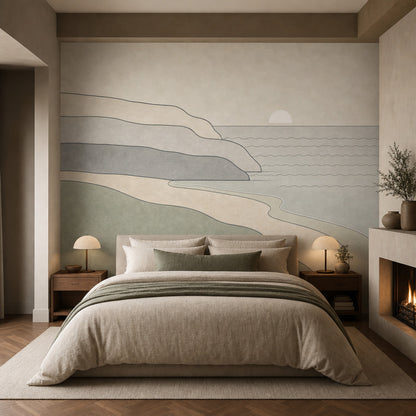 Minimalist Sahil Manzaralı Poster Duvar Kağıdı Bej Yeşil Spa