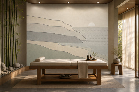 Minimalist Sahil Manzaralı Poster Duvar Kağıdı Bej Yeşil Spa