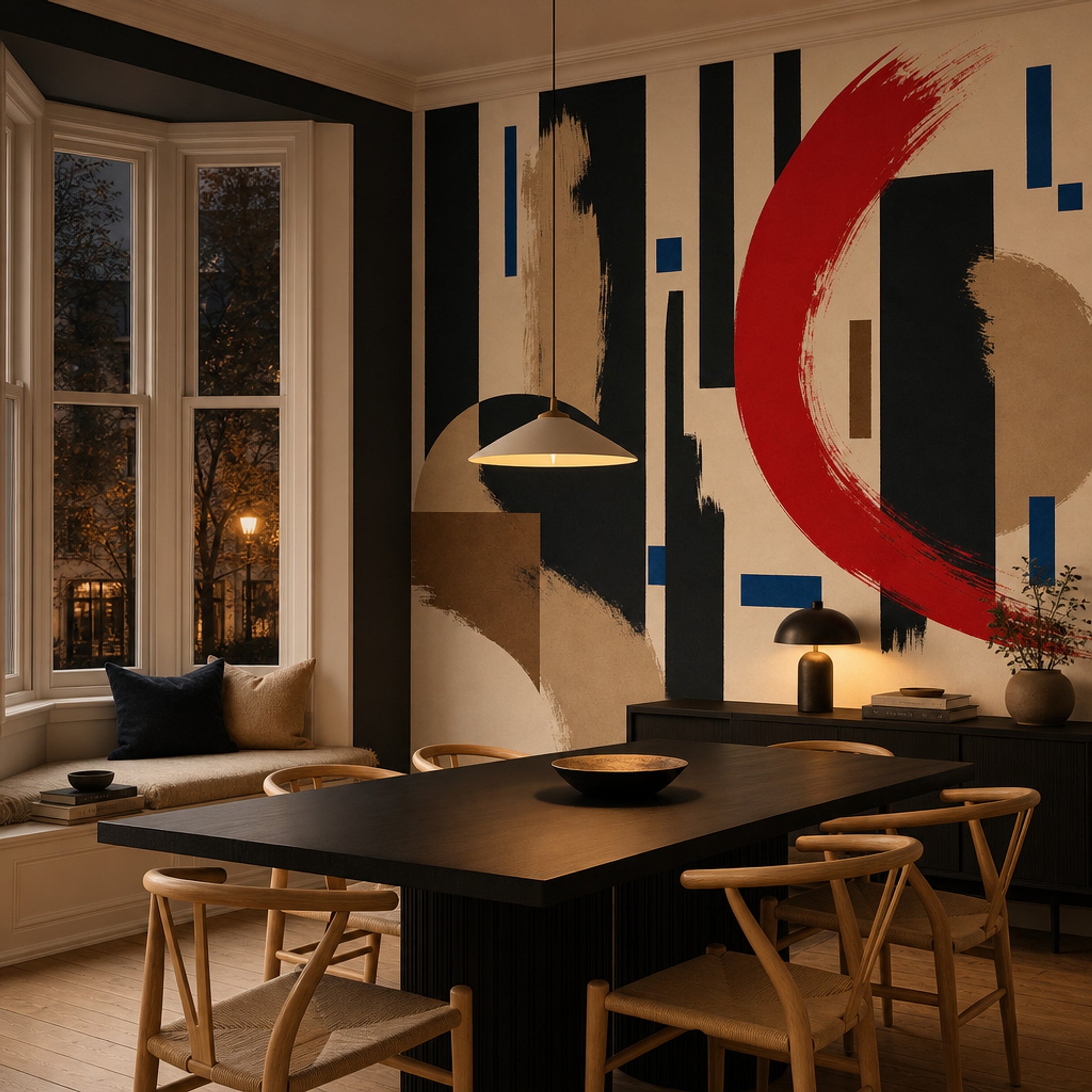 Soyut Geometrik Poster Duvar Kağıdı Bej Siyah Salon Dekoru