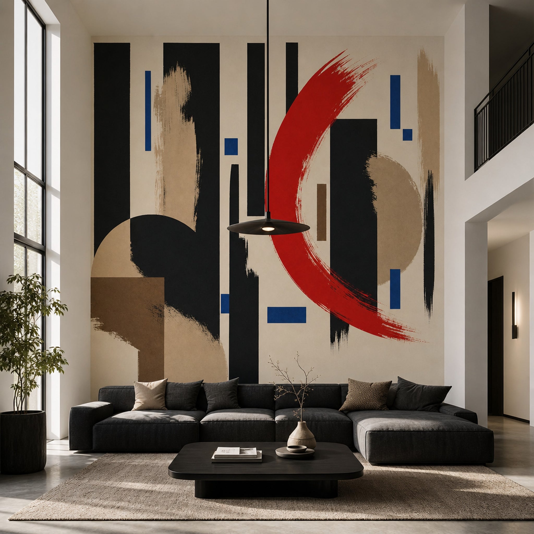 Soyut Geometrik Poster Duvar Kağıdı Bej Siyah Salon Dekoru