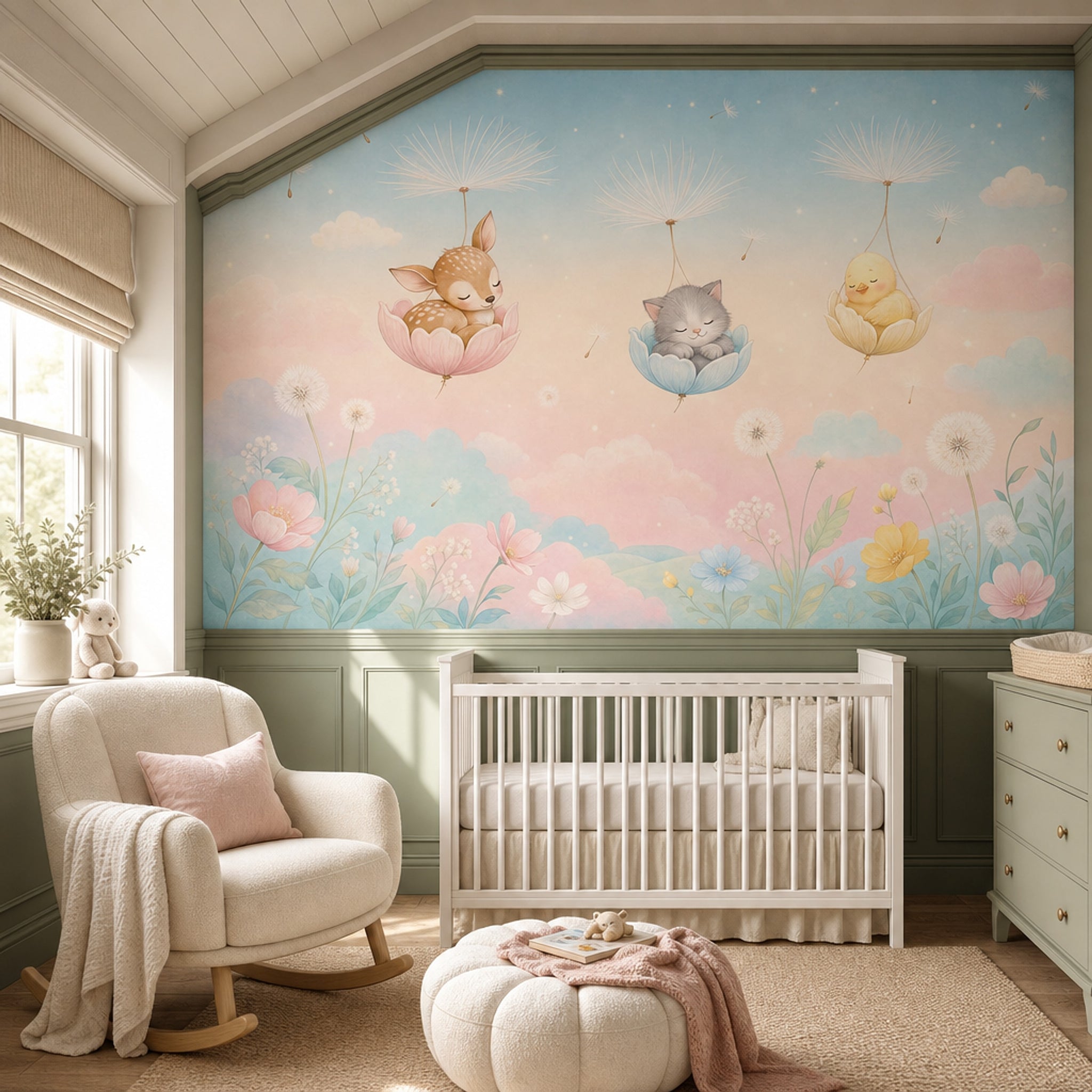 Pastel Uçan Hayvanlı Poster Duvar Kağıdı Bebek Odası Bulutlu