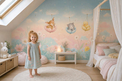 Pastel Uçan Hayvanlı Poster Duvar Kağıdı Bebek Odası Bulutlu