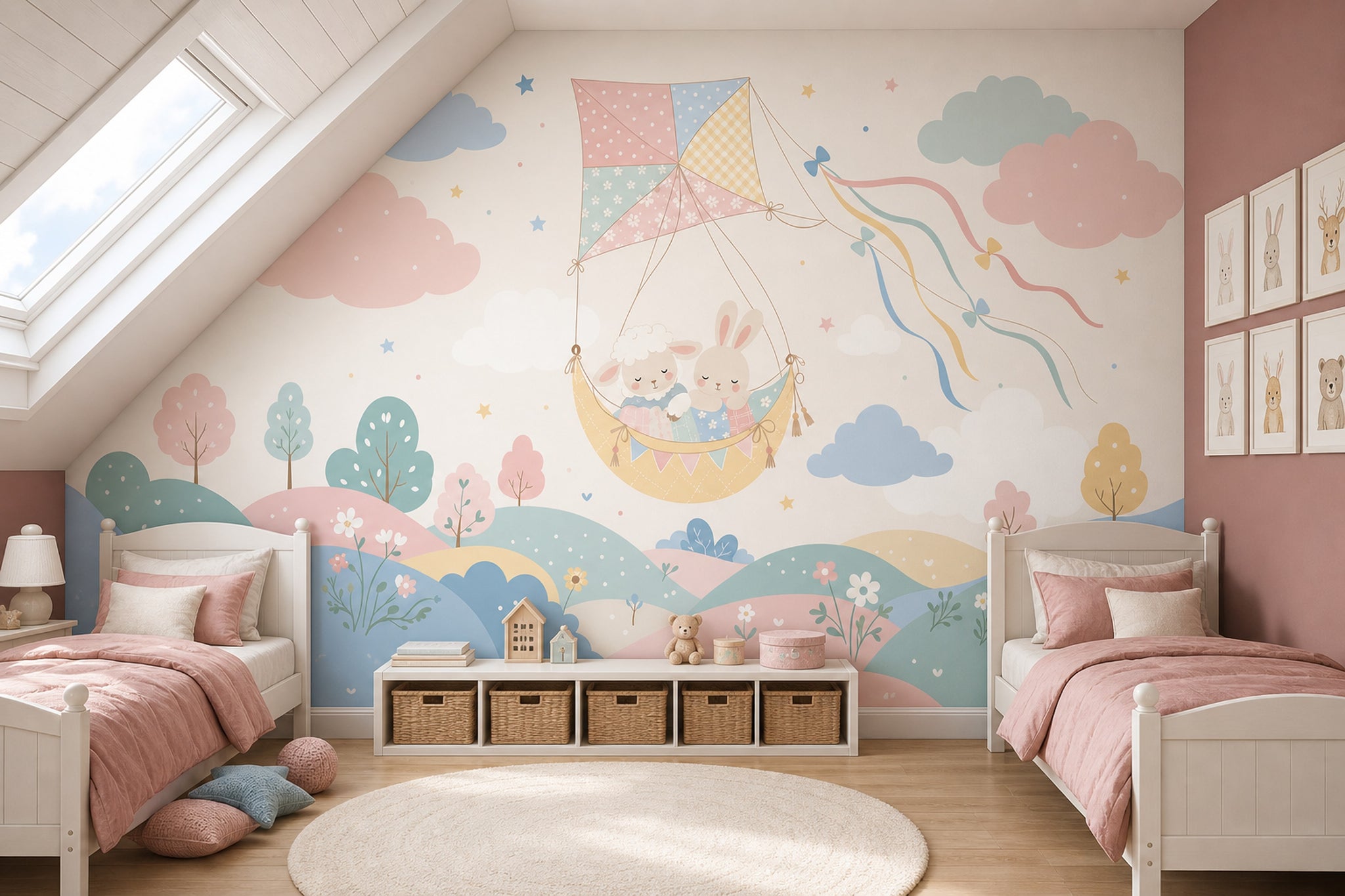 Uçurtmalı Tavşanlı Poster Duvar Kağıdı Pastel Çocuk Odası