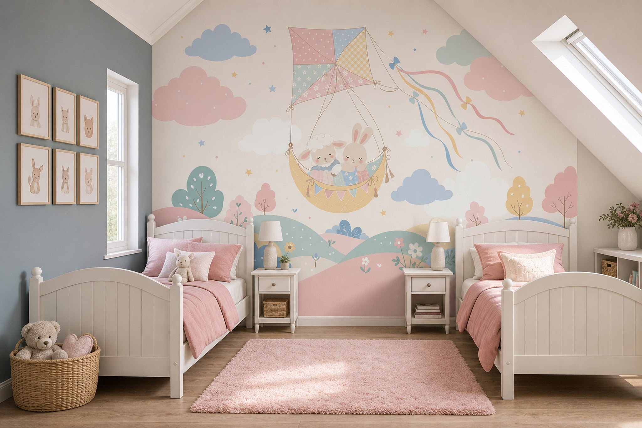 Uçurtmalı Tavşanlı Poster Duvar Kağıdı Pastel Çocuk Odası