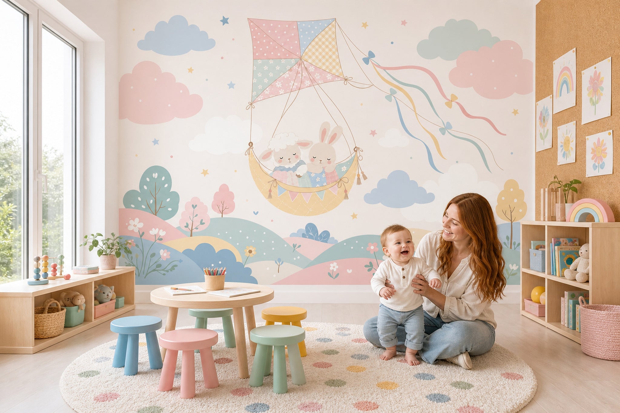 Uçurtmalı Tavşanlı Poster Duvar Kağıdı Pastel Çocuk Odası