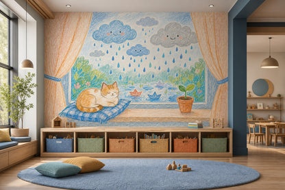 Kedi ve Bulut Çizimli Poster Duvar Kağıdı Çocuk Odası