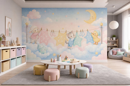 Bulut ve Ay Temalı Poster Duvar Kağıdı Pastel Bebek Odası