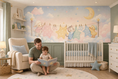Bulut ve Ay Temalı Poster Duvar Kağıdı Pastel Bebek Odası