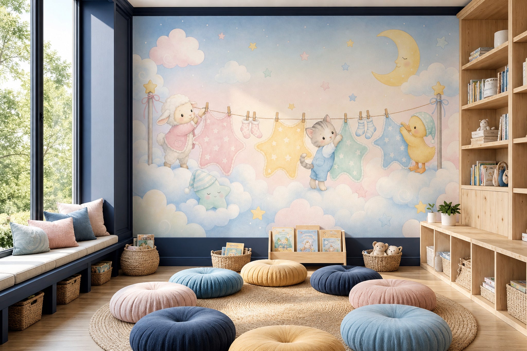 Bulut ve Ay Temalı Poster Duvar Kağıdı Pastel Bebek Odası