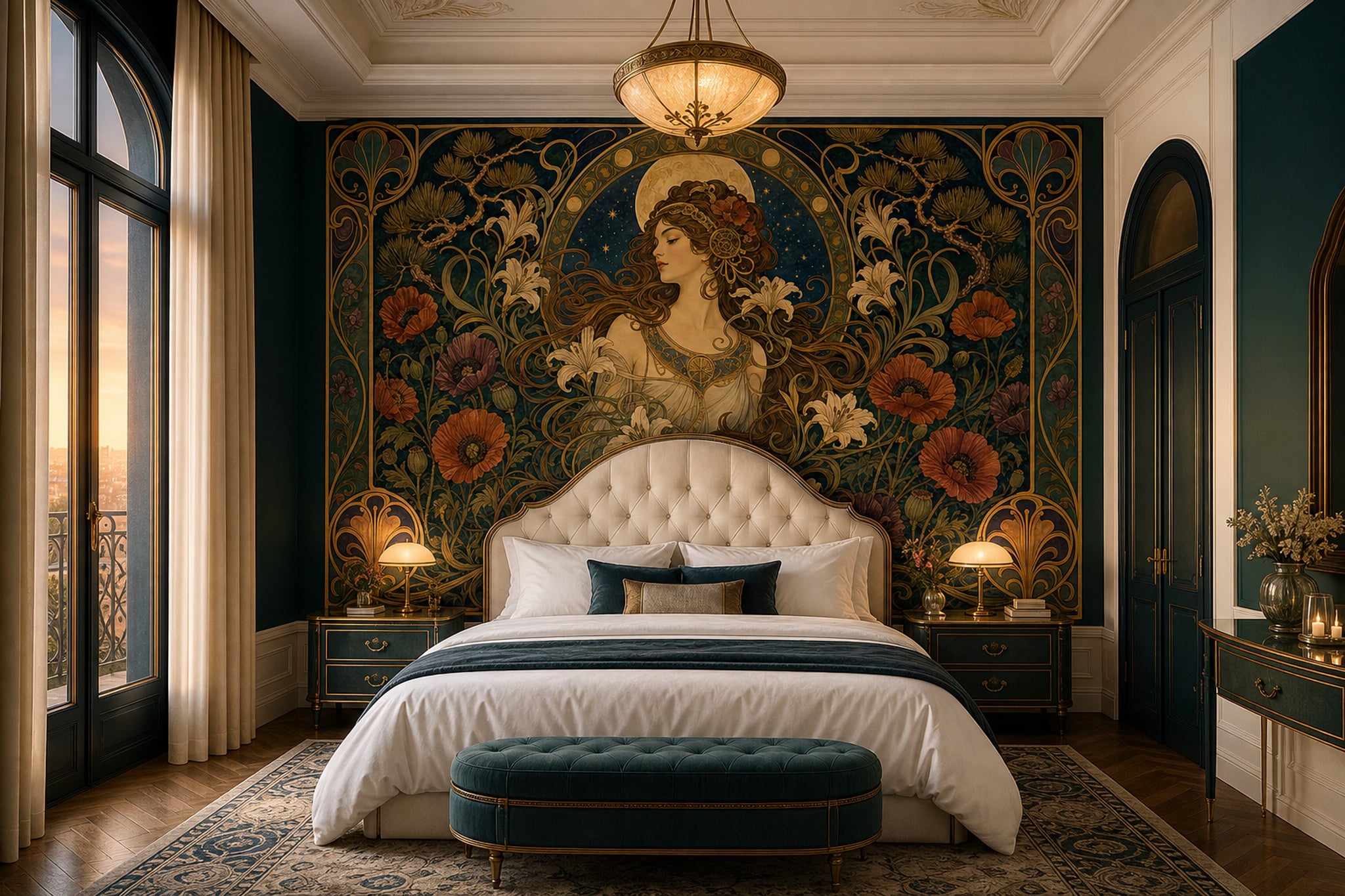 Art Nouveau Kadın Figürlü Poster Duvar Kağıdı Zümrüt Yeşil Salon