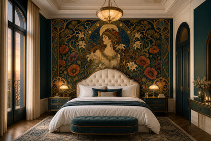 Art Nouveau Kadın Figürlü Poster Duvar Kağıdı Zümrüt Yeşil Salon