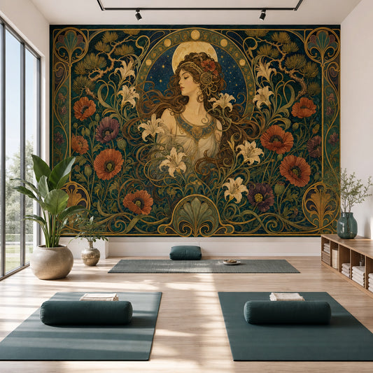 Art Nouveau Kadın Figürlü Poster Duvar Kağıdı Zümrüt Yeşil Salon