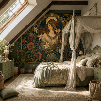Art Nouveau Kadın Figürlü Poster Duvar Kağıdı Zümrüt Yeşil Salon