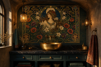 Art Nouveau Kadın Figürlü Poster Duvar Kağıdı Zümrüt Yeşil Salon