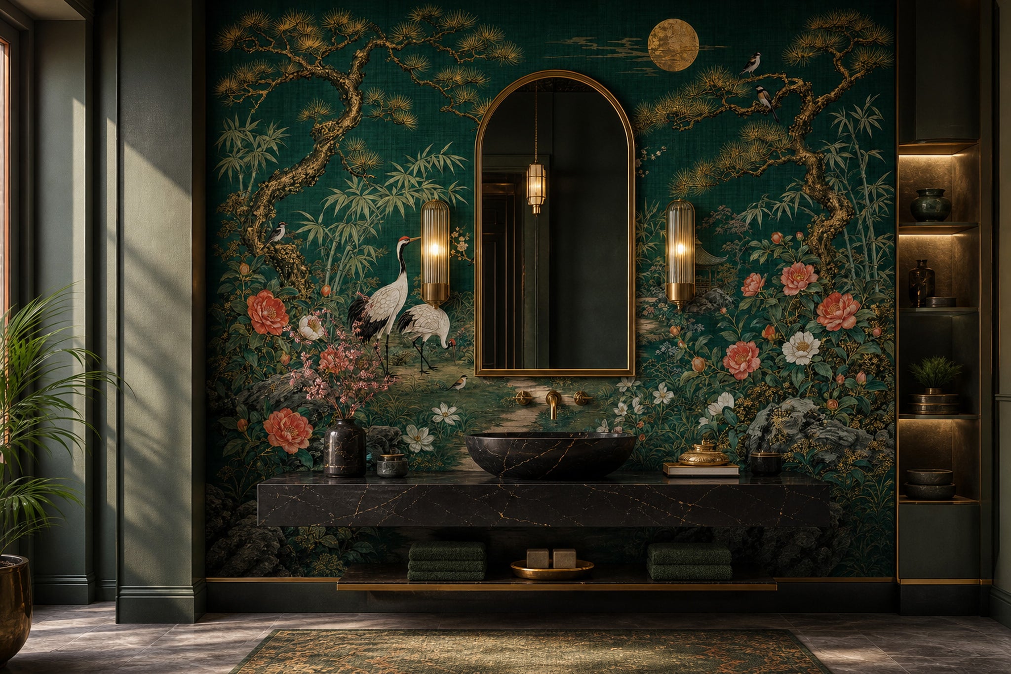 Japon Bahçesi Poster Duvar Kağıdı Zümrüt Yeşil Salon