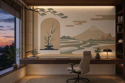 Japon Manzaralı Poster Duvar Kağıdı Bej Yeşil Çalışma Odası