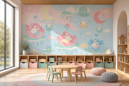 Balonlu Tavşanlı Poster Duvar Kağıdı Pastel Çocuk Odası