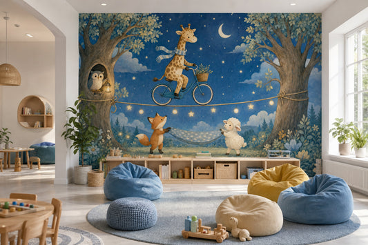 Bisikletli Zürafa Poster Duvar Kağıdı Mavi Gece Çocuk Odası