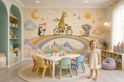Sevimli Hayvanlı Poster Duvar Kağıdı Pastel Gökkuşaklı Bebek Odası